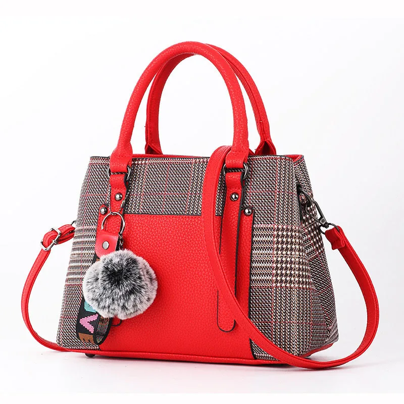 Женская кожаная сумка в клетку, женская сумка через плечо с помпонами, женская модная сумка-мессенджер, Сумка с верхней ручкой, сумка SS7256 - Цвет: Red