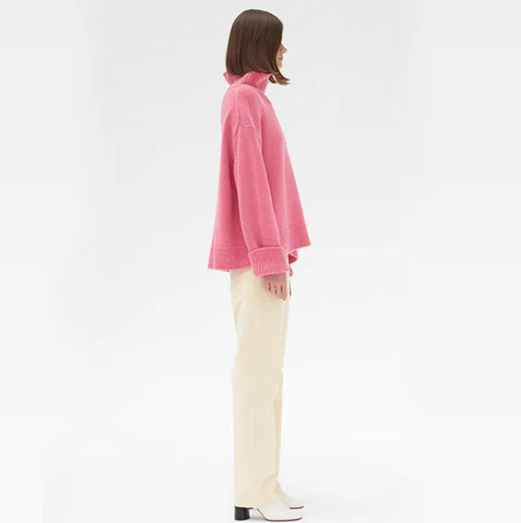 Кашемировый толстый вязаный женский модный пуловер, свитер с высоким воротником, ассиметричный длинный широкий свободный розовый арбуз, S/M/L