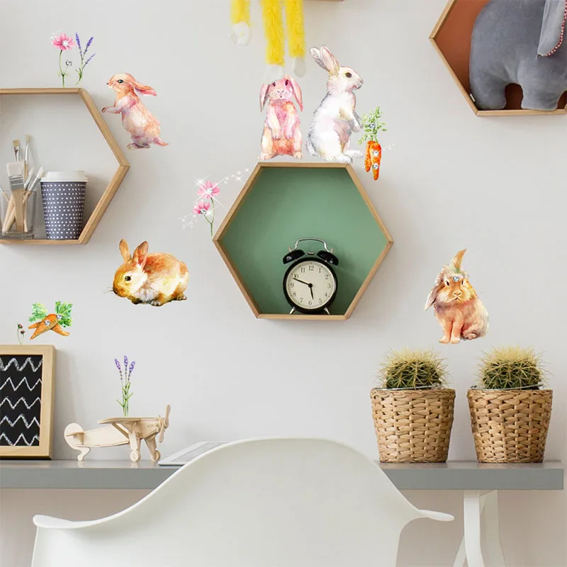 

Cartoon Rabbit watercolor wall stickers children room muurstickers decals voor kinderen kamers nursery decoratie puzzel behang
