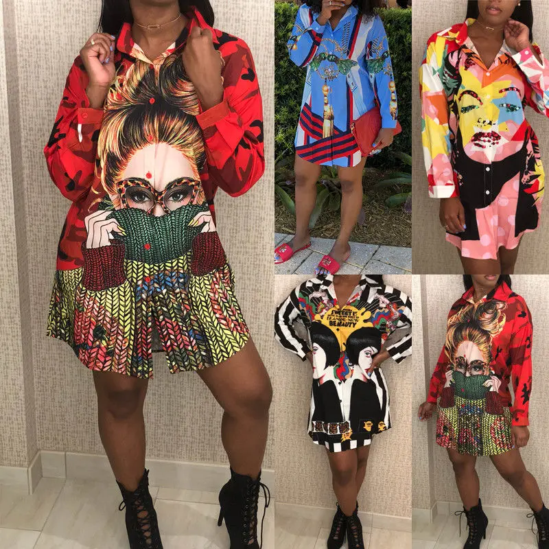 Женское платье рубашка Boho Hippie Повседневное с длинным рукавом летняя одежда
