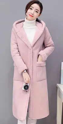 Зимнее женское пальто из искусственной овечьей шерсти с капюшоном из овчины, женские длинные пальто из овчины, Длинные Куртки из искусственной замши W1599 - Цвет: pink
