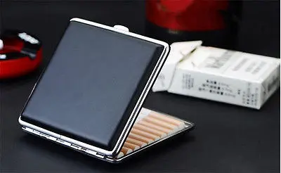 

Black Pocket Leather Metal Tobacco 20 Cigarette Smoke Holder Storage Case Box