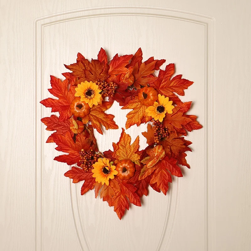 

Artificial Pumpkin Maple Leaves Sunflower Wreath Home Harvest Decoration Christmas Wreath Thanksgiving Decoration