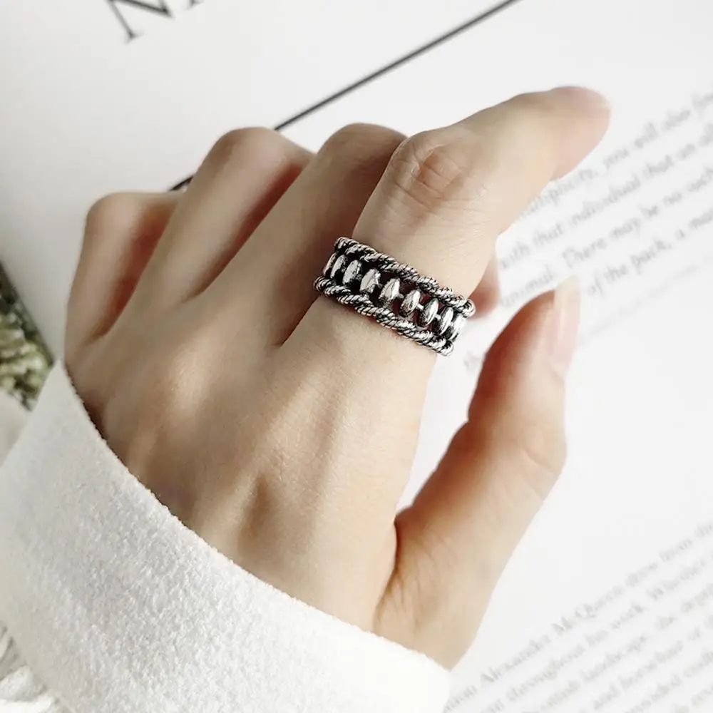 

New arrival 925sterling silver Open rings vintage multi layer twisted chain oval beads adjustable finger rings for women