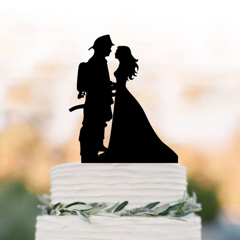 Пожарный Жених и невеста силуэт свадебный торт Топпер, забавный свадебный т...