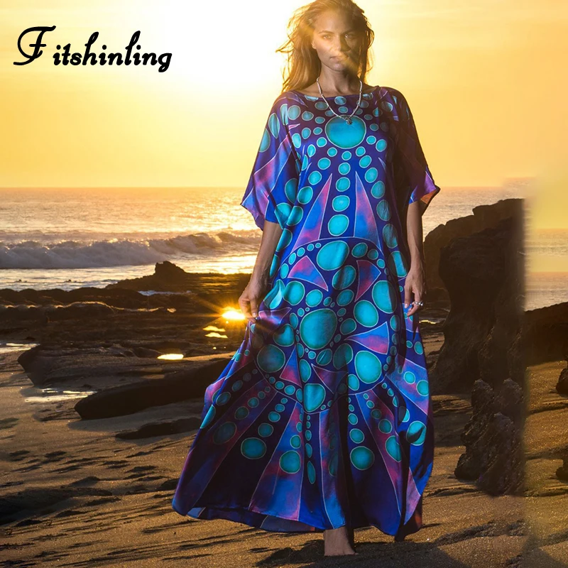 

Fitshinling Geometric print robe oversized batwing sleeve maxi dresses women holiday straigh loose boho long dress female pareos