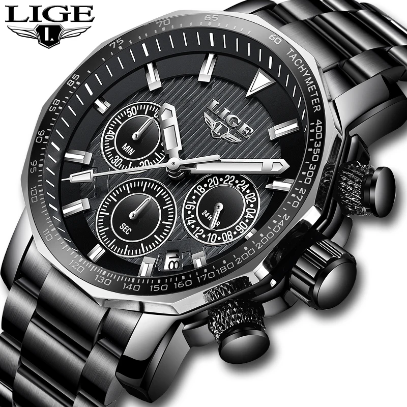 

LIGE Mens Watches Top Brand Luxury Waterproof 24 hour Date Quartz Watch Man Full Steel Sport WristWatch Men Waterproof Clock+Box