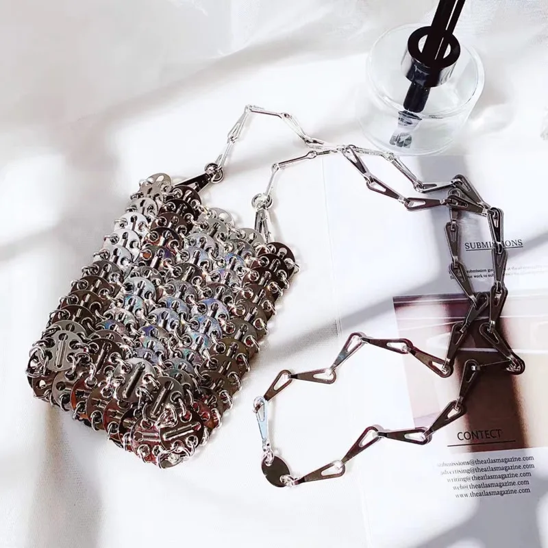 Luxury Designer Women Bags Pure Metal Sequins Chain Woven Bag Hollow Evening Bags Clutch Female Travel Holiday Shoulder Bag