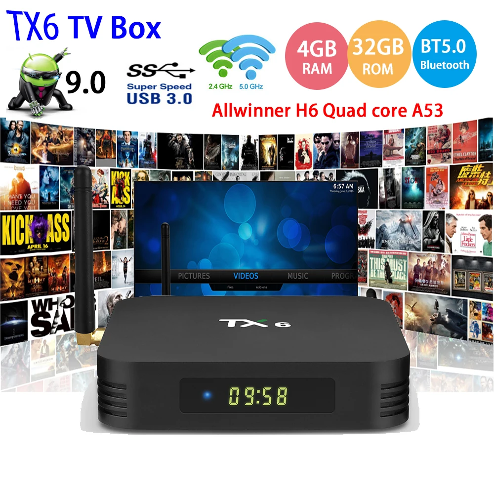 

Android 9.0 TX6 Android TV Box Allwinner H6 4GB RAM 32GB/64GB ROM Support Bluetooth 5.0 2.4G/5G WIFI with i8 Keyboard Option
