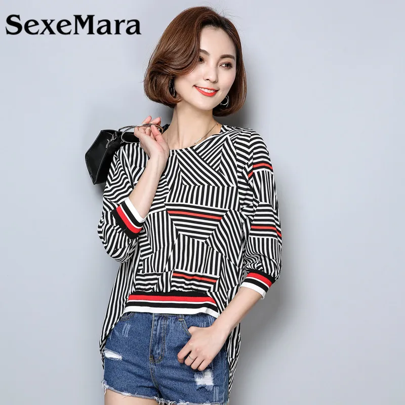 Striped chiffon shirt 2017 spring new Korean version of the short after long irregular hem Three Quarter sleeves |
