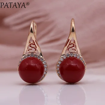 

PATAYA New Promotion Coral Shell Pearls Earrings 585 Rose Gold Round Natural Zircon Women Fashion Jewelry Wedding Fine Earring