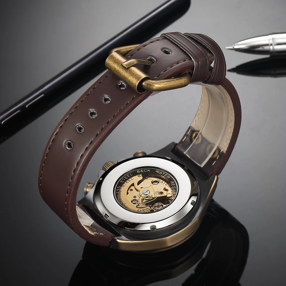 Мужские часы автоматические механические наручные часы с кожаным ремешком винтажные часы с скелетом мужские военные часы relogio masculino