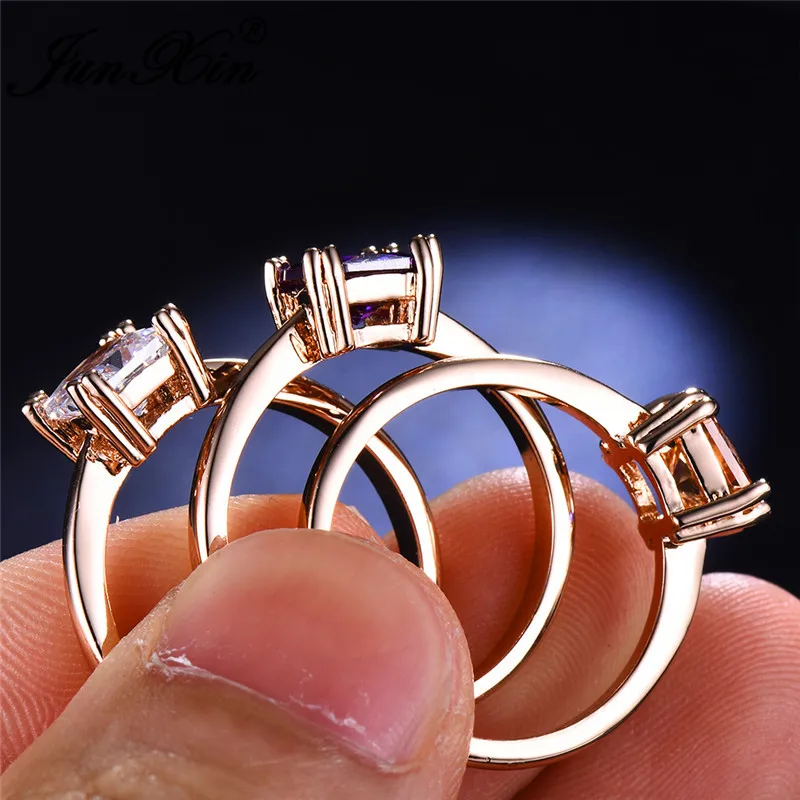 JUNXIN Rainbow Fire Birthstone Square Thin Rings For Women Rose Gold Filled Purple White Champagne Zircon Wedding Ring Female CZ