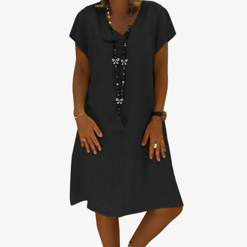 Women's Solid Knee Length Dresses Casual Loose Short Sleeve V Neck