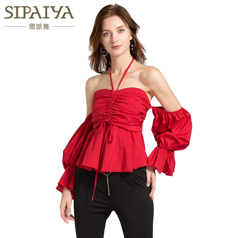 New Korean Lace up Shirt For Women Off Shoulder Ruffles Puff Sleeve Backless Sexy Crop Tops Blouse Summer Fashion 2018 Clothing | Женская