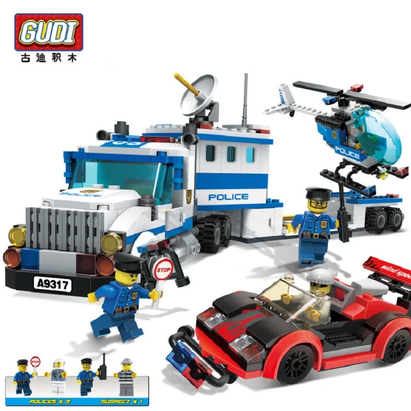 

GUDI Police Station Building Blocks DIY Police Car Helicopter Building Blocks Kid Enlighten Blocks Educational Toys For Children