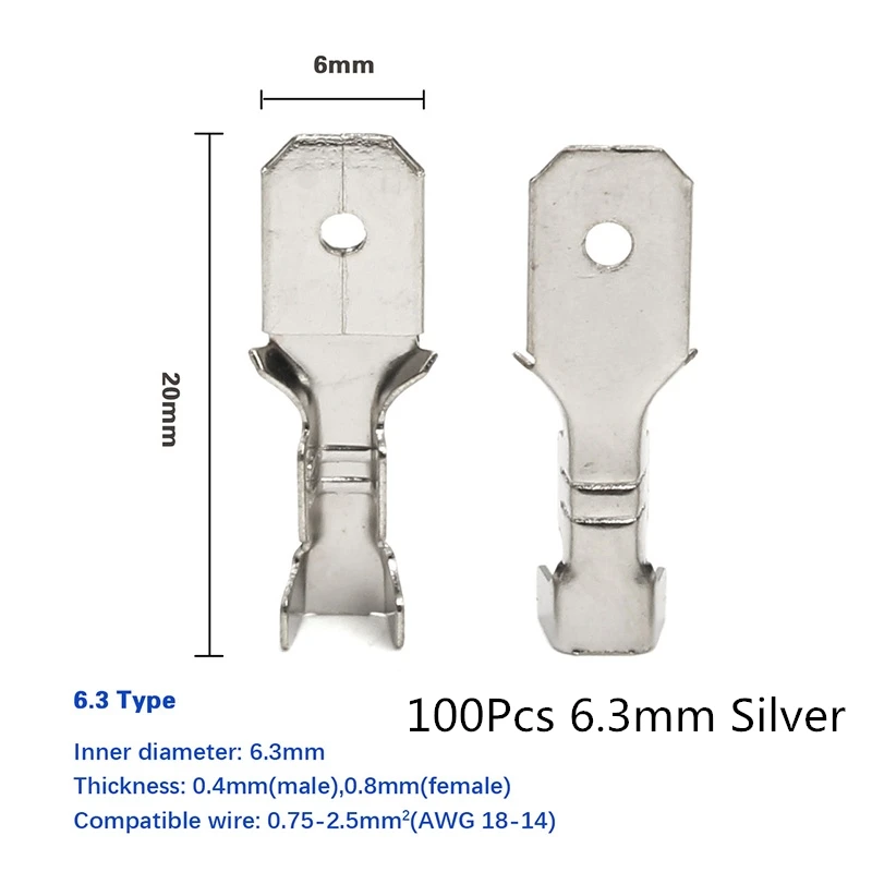 200 шт. Женский обжимной разъем 2,8/4,8/6,3 мм золотой Латунный автомобильный динамик Электрический провод Разъемы набор 22-16 AWG - Цвет: 100 6.3mm Silver
