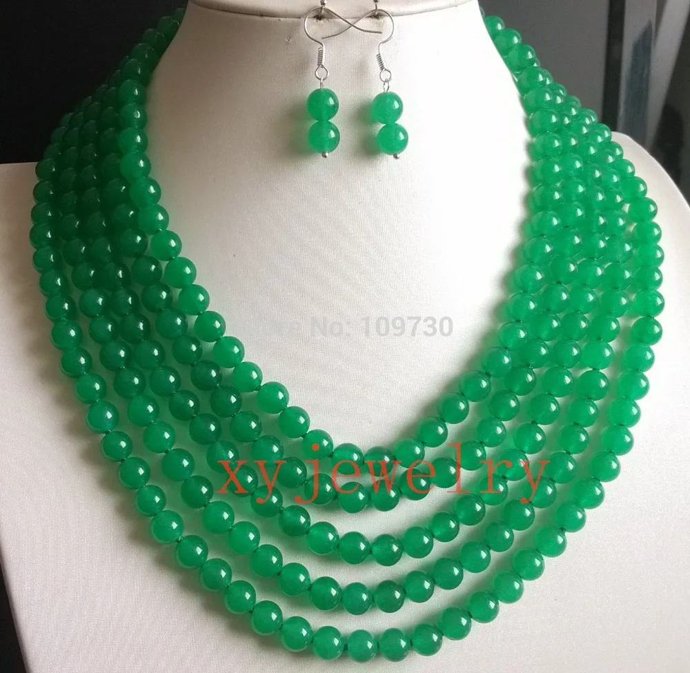 

Hot selling> Jewelry 00814 charming ready made 5 row 8mm green Malay jade necklace + Extended chain clasp (A0511) -Bride jewelry