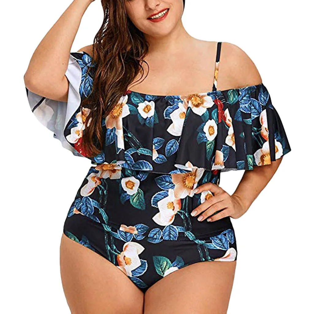 

Plus Size XL-4XL Swimwear Women Floral Printed Open Shoulder Large Size Separate Top And Bottom Swimsuit Beachwear Bodysuit Mayo