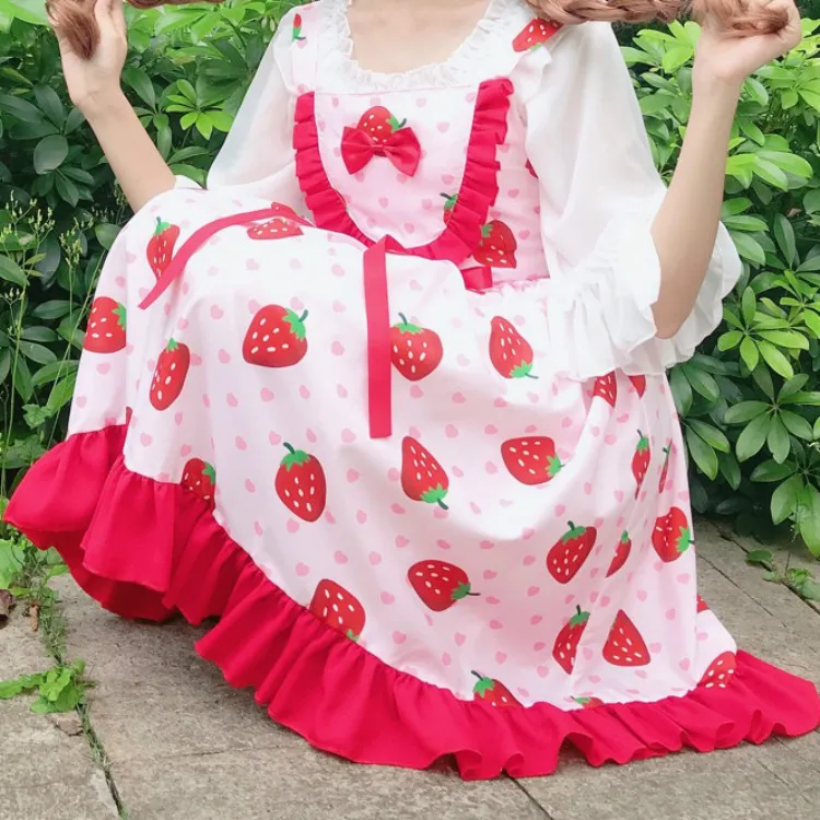 Японский стиль Kawaii Лолита платье для женщин Весна Лето клубника вишня Принт Сарафан подростковое платье с рюшами без рукавов