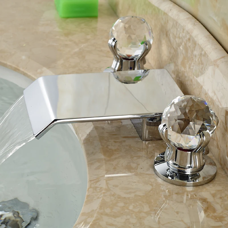 

Polished Chrome Roman Waterfall Bathroom Sink Basin Faucet w/ Two Crystal Handles Deck Mounted Widespread Mixer Water Taps