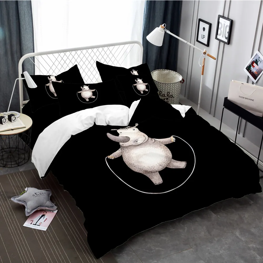 

Cartoon Bedding Set Rhinoceros rope skipping Duvet Cover Set Animal Bedsheet Bed Covers Pillowcase Bedclothes Home Decor 3/4pcs