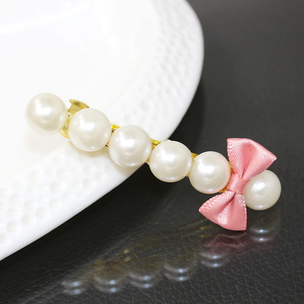 

*Wholesale Fashion Small Fresh Pearl Snap Barrette Hair Bow Hairpin Pearl Hair Simple Word Hairpin Headwear Women Hair Clips