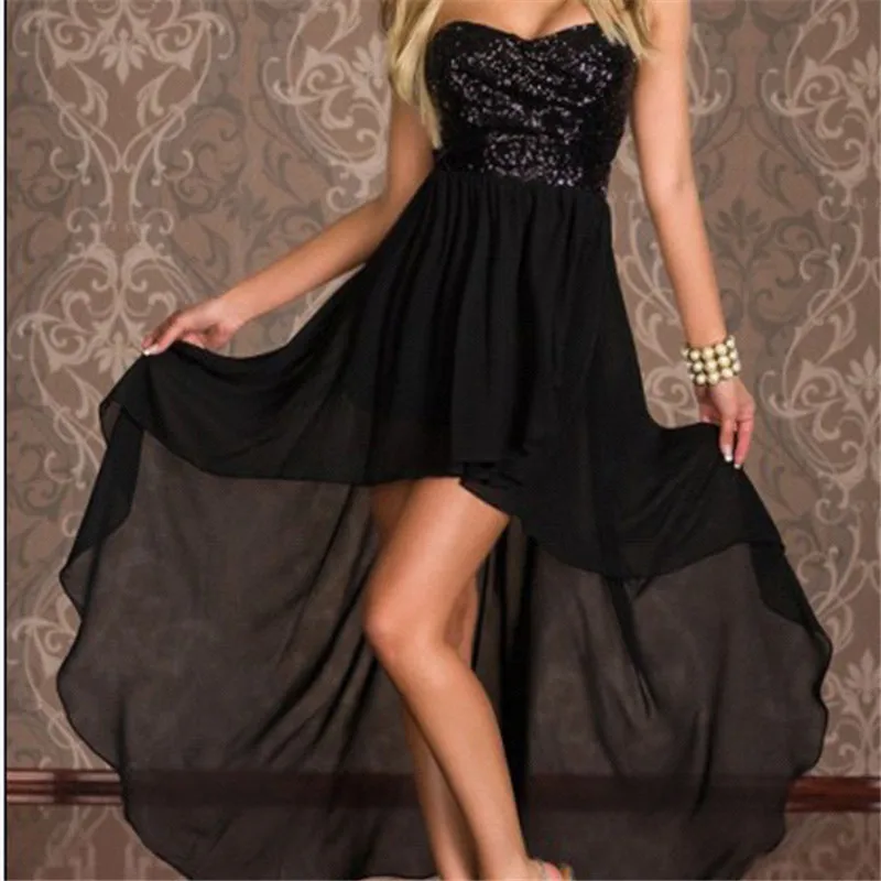 Шифоновая популярная Сексуальная туника с открытыми плечами, элегантное платье с пайетками, летнее женское модное платье высокого качества - Цвет: Черный