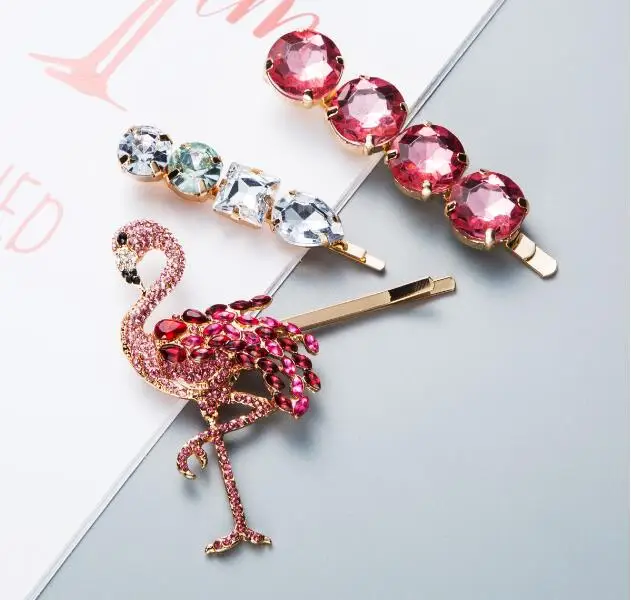 

1SET Red Crystal Metal Hairpins Hair Clips for Women Flamingo Rhinestones Hairgrip Hair Accessories Party Wedding Hair Jewelry