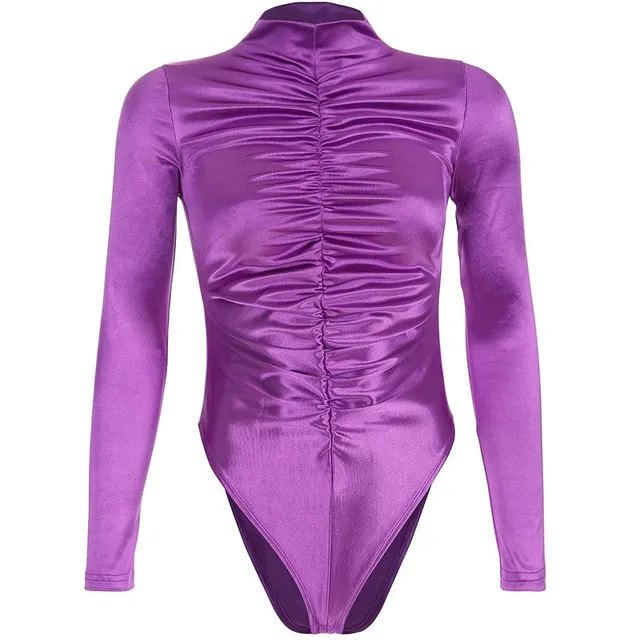 Purple Glitter Ruched Turtleneck Bodysuit Women Elegant Casual Basic