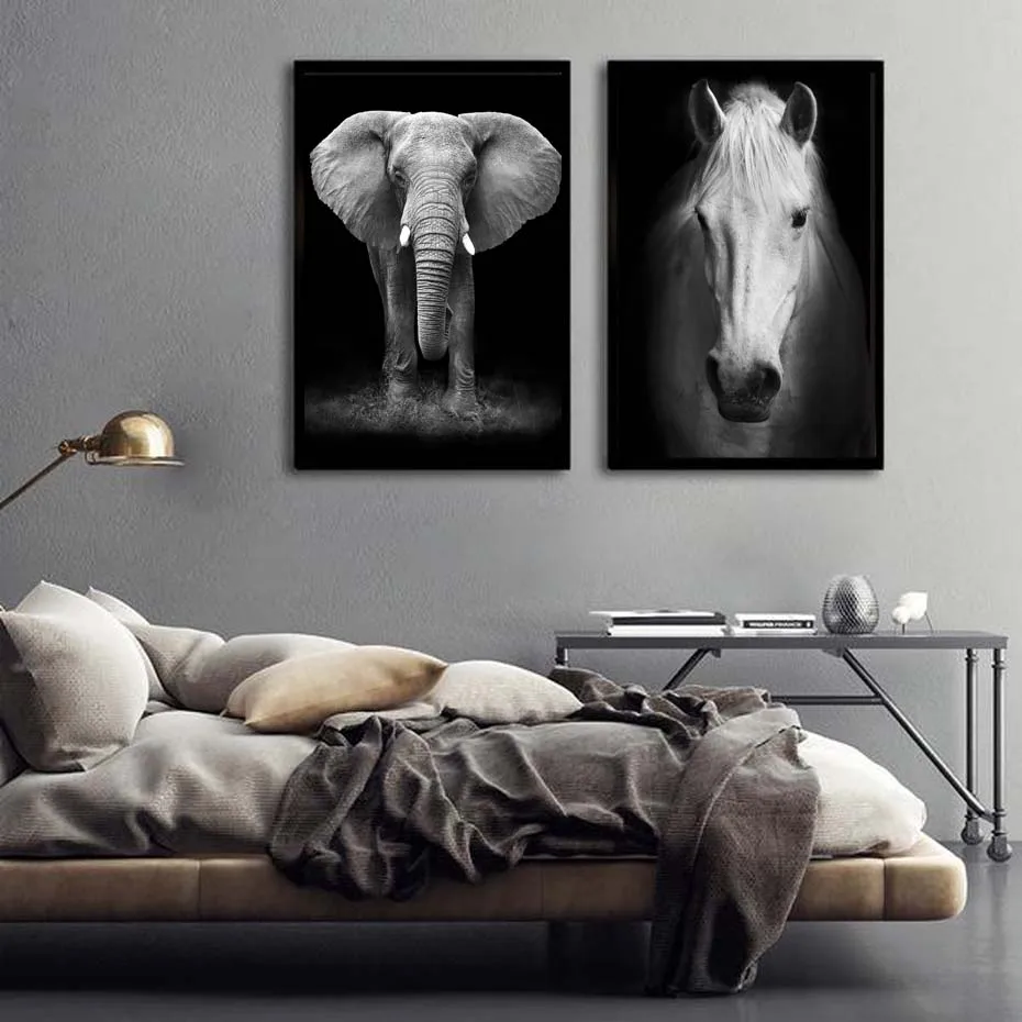 Vivid Wild Animal Lion Horse Elephant Modern Black White Poster&Print Bedroom Nordic Canvas Painting Wall Art Picture Home Decor (1)
