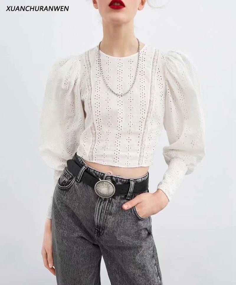 

New Spring Lace Stitch Blouse Tops Women Hollou Out Lantern Sleeve O neck Elastic Shirts Cotton Crop Tops ZA9201