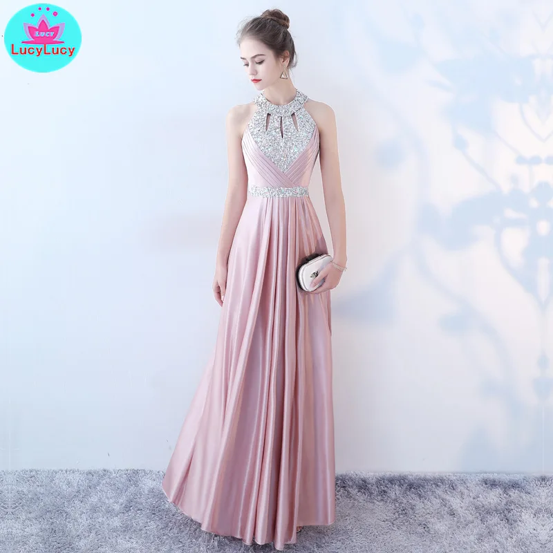 

2019 new long Korean version of the pink party birthday dinner beaded halter dress Floor-Length O-Neck Tank
