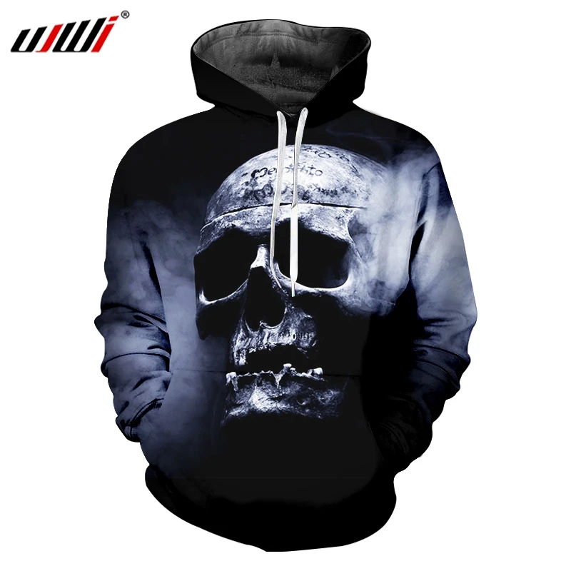 

UJWI Mens Hip Hop Hoodies Mysterious Smoke Skulls 3D Printed Personality Punk Rock Man Pullover Large Size 6XL