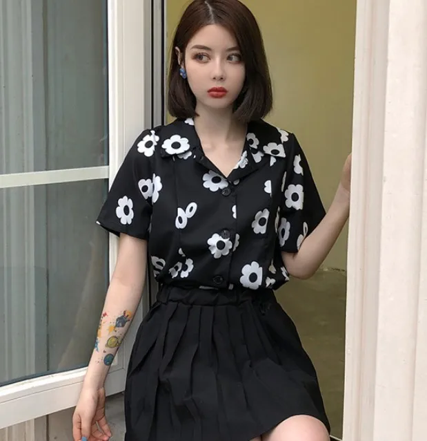 

2019 Women New Fashion Summer Shirts Blouses Short Sleeve Floral Print Chiffon Loose Tops Casual Blouses Shirt