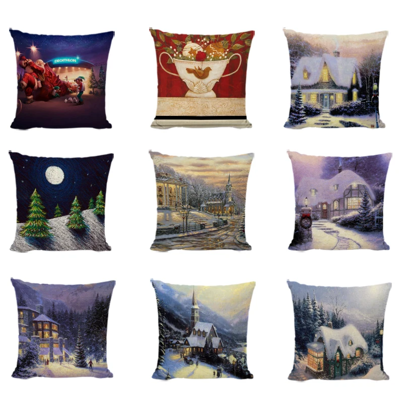 

Happy New Year Cushion Cover Linen Christmas Tree Santa Claus Elk Back Throw Pillow Cases New Year Home Sofa Car Seat Decorate