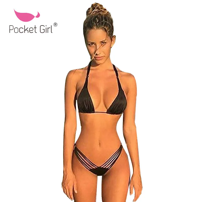Pocket Girl 2019 Swimwear Bathing Suit Swimsuit Black Bathing Suit Brazilian Biquini Thong Bottom Swimming Suit for Women