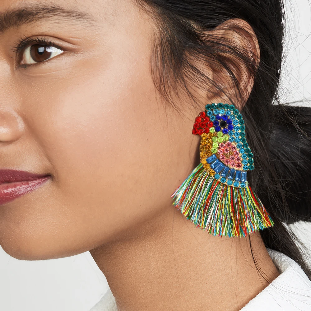 

Vodeshanliwen Trendy Crystal Parrot Tassels Earrings 2019 Multicolor Rhinestone Big Earrings For Women Jewelry Accessory