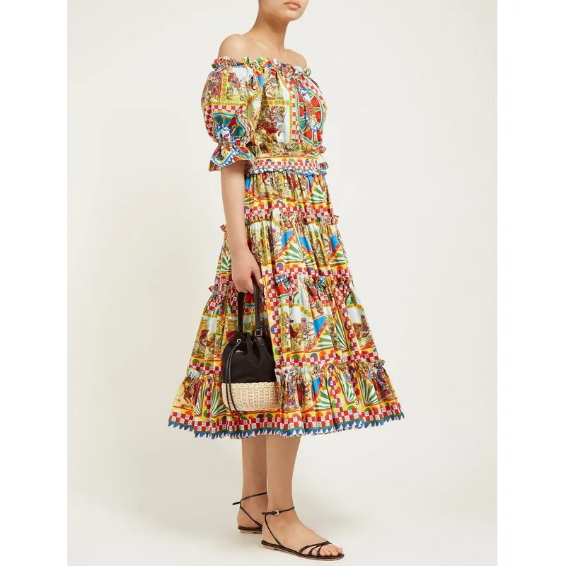 

Summer 2019 New Vintage Printed Elastic waisted off Shoulder Short-sleeved Dresses 190630UL01