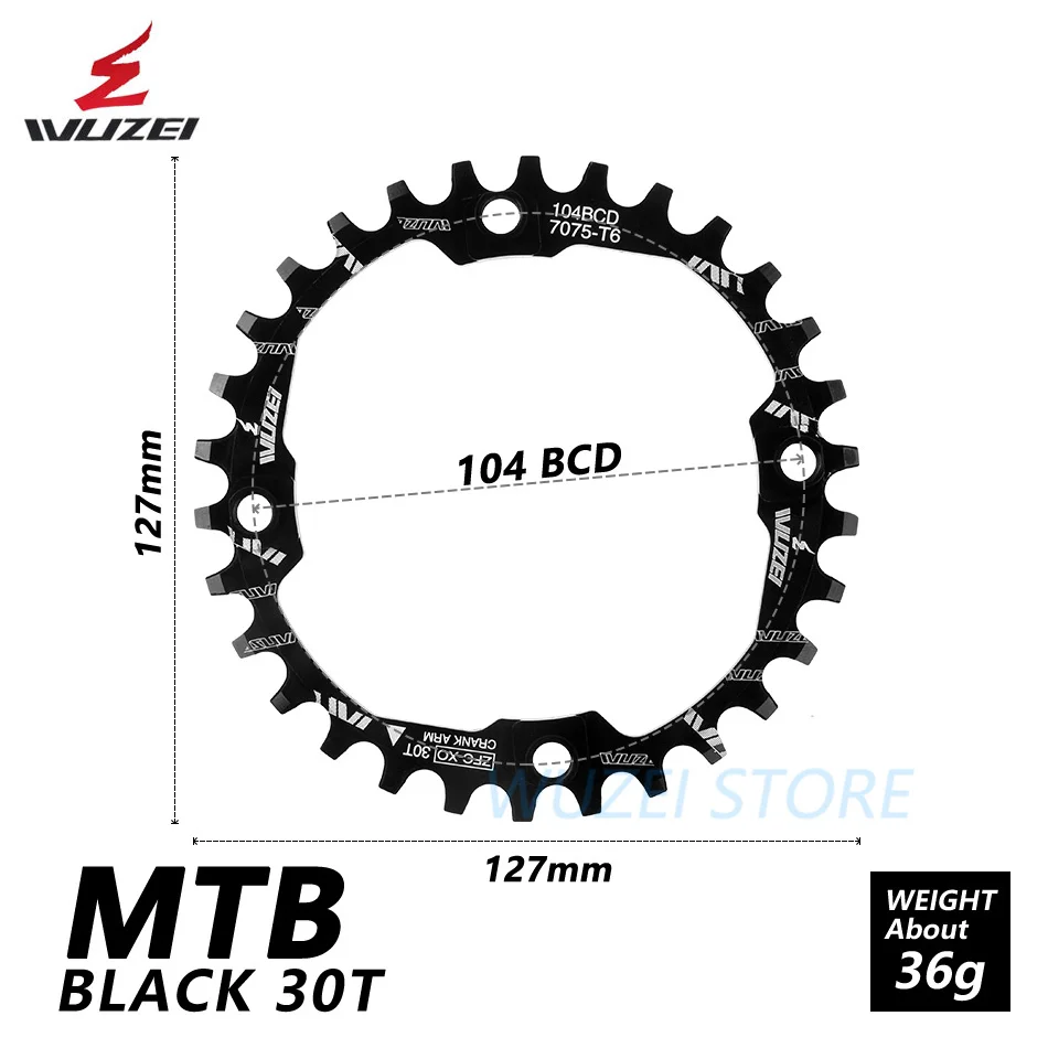 WUZEI велосипедная Звездочка 30 T 104BCD велосипедная круглая узкая широкая Сверхлегкая 7075-T6 MTB велосипедная передняя звезда круг шатунная пластина - Цвет: Black