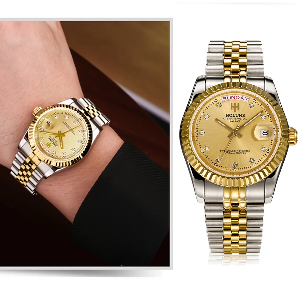 Holuns механические Автоматические золотые алмазные мужские s часы лучший бренд класса люкс Бизнес Мужские часы Стальные Relogio Masculino