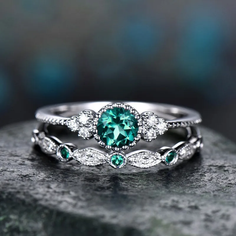 2pcs / set Luxury Green Blue Round Stone Crystal Rings for Women Silver Color Wedding Engagement Rings Jewelry - Цвет основного камня: Зеленый