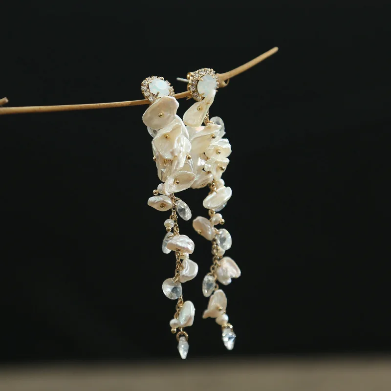 

S925 Silver Needle Handmade Natural Special-shaped Pearl Earrings Long-style Female Liuzhou Crystal Earrings Wholesale