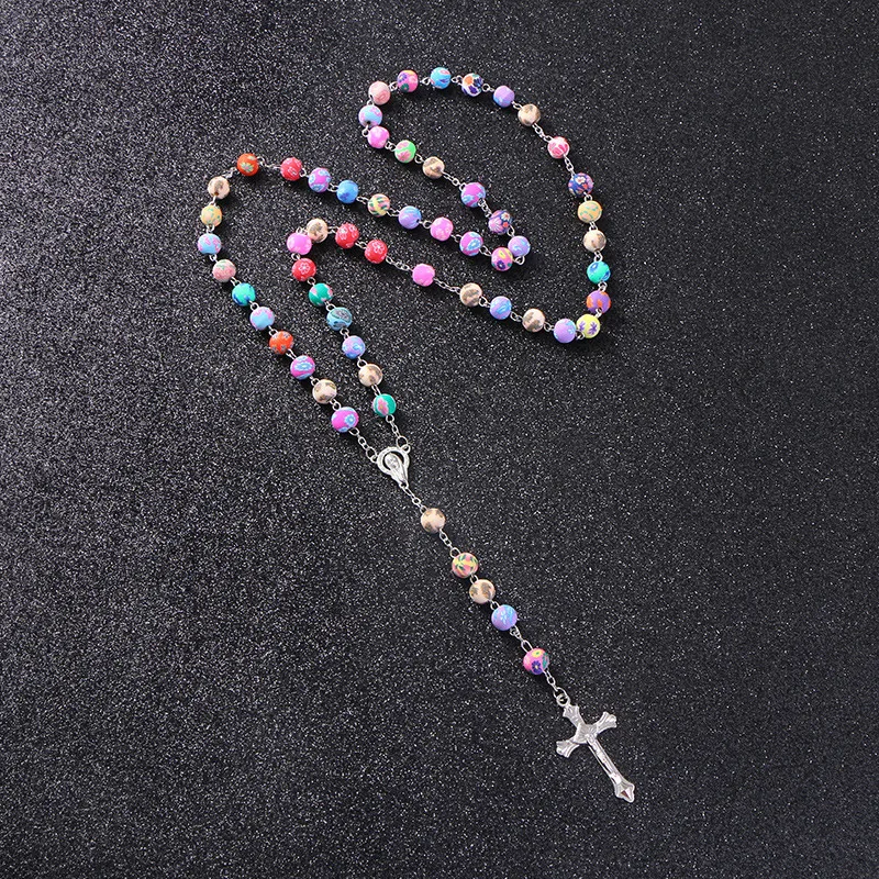 

KOMi 8mm Colorful Polymer Clay Bead Rosary Necklace Cross Virgin Mary Centrepieces Christian Catholic Religious Jewelry R-162