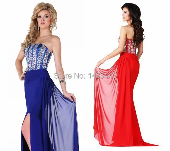 Vestido New Arrival 2015 Hot Sale Royal Color Sexy Sweetheart Backless Split Side Prom Evening Dresses Long Chiffon Gowns Dress | Свадьбы и