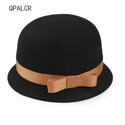 QPALCR зимние шапки для женщин леди фетровые шляпы Формальные поля шерсть фетр шляпа флоппи котелок Fedora Cloche Трилби шляпа купол церкви кепки