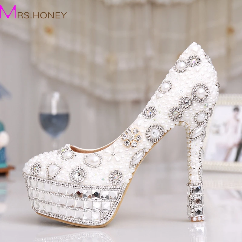 White Pearl Bridal Shoes Women Evening Party Dress Shoes Wedding Pumps Platform Rhinestone Bling Dress Prom Shoes Free Shipping