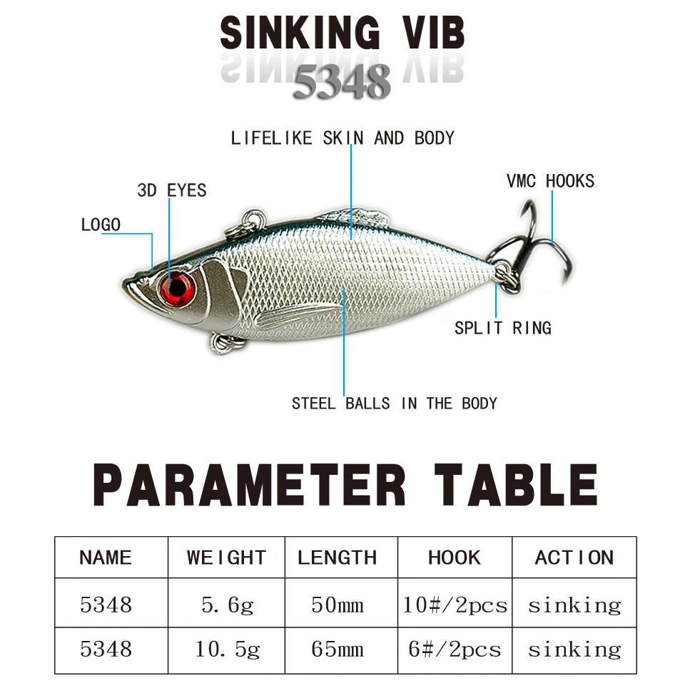 Kindom Fishing lures 5cm5.6g,6.5cm 10.5g VIB Silver vibration Gold Metal Fishing Bait Tackle VMC Hook Hrard Lure China Model 5348 (1)