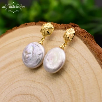 

GLSEEVO 925 Sterling Silver Natural Round Flat Baroque Pearl Hexagon Drop Earrings For Women Dangle Earrings Fine Jewelry GE0643