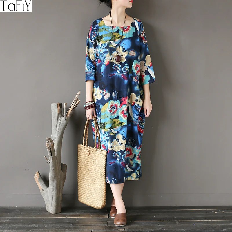 

TaFiY Vestidos Casual Dress Spring Autumn Women Dresses Vintage Printed Square Collar Long Loose Brand Maxi Linen Robes0762